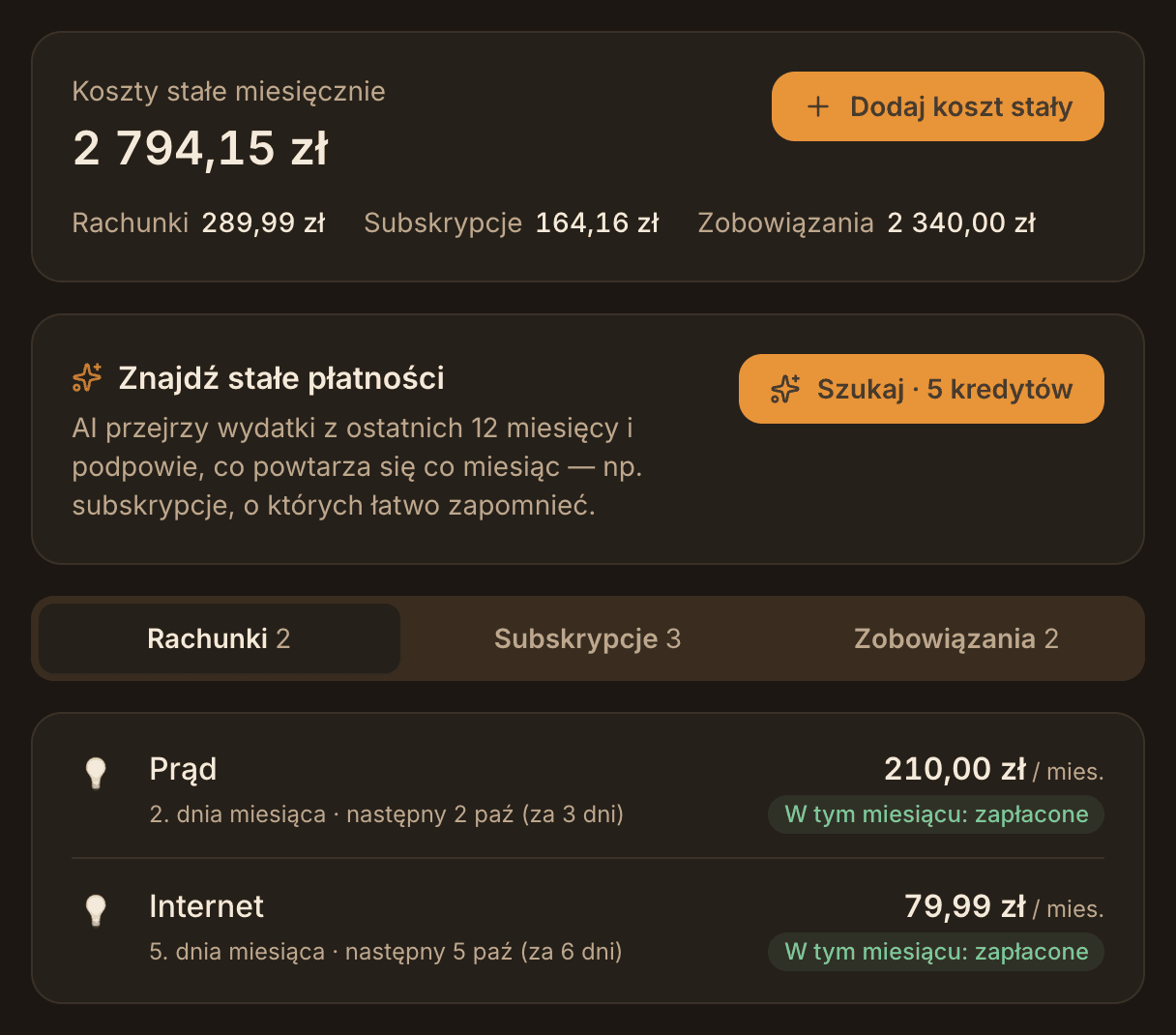 Koszty stałe: suma miesięczna z podziałem na rachunki, subskrypcje i zobowiązania oraz lista rachunków