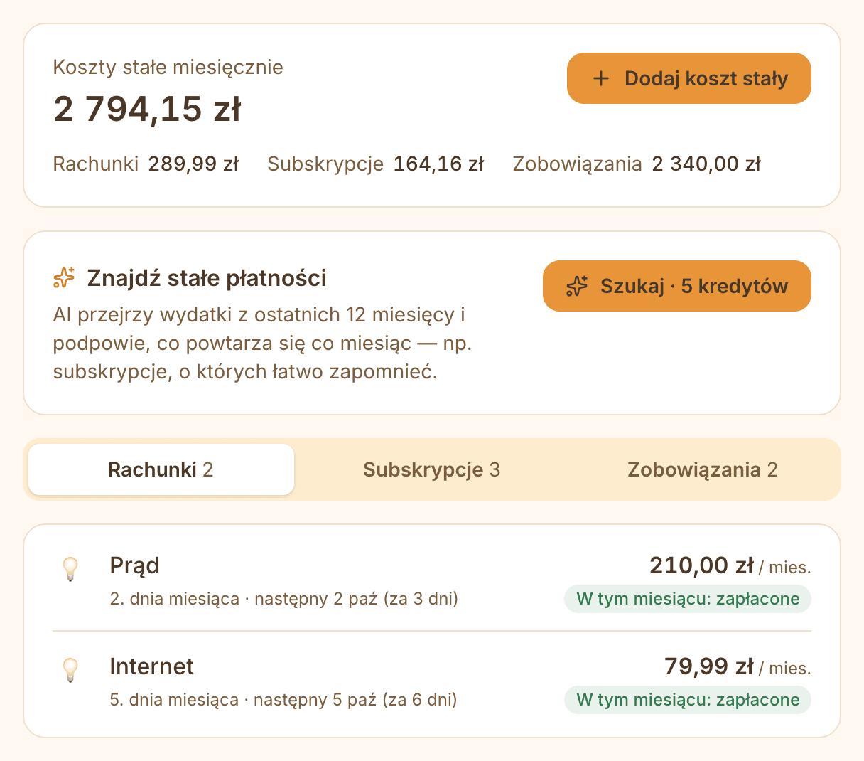 Koszty stałe: suma miesięczna z podziałem na rachunki, subskrypcje i zobowiązania oraz lista rachunków