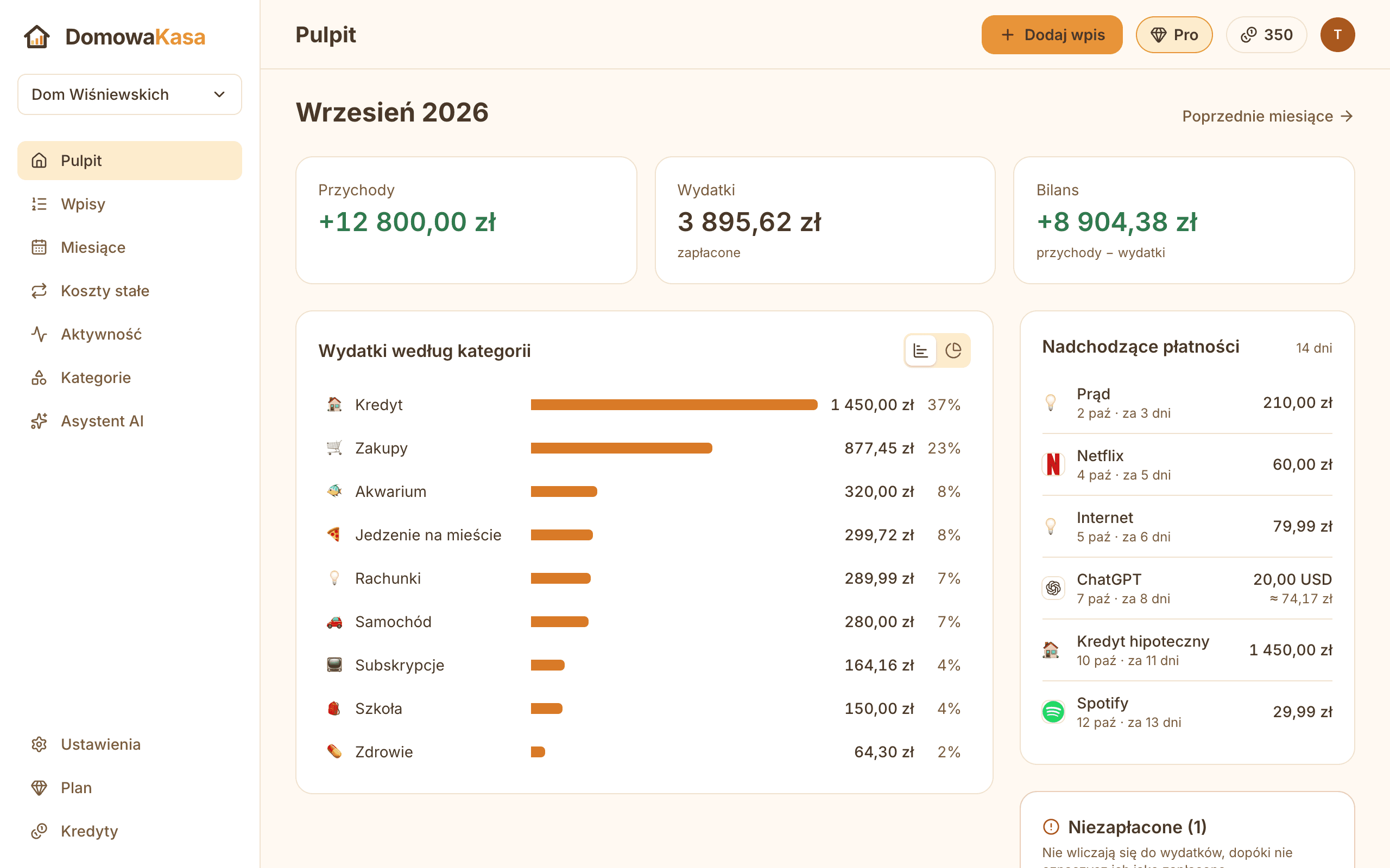 Pulpit DomowejKasy: przychody, wydatki i bilans miesiąca, wydatki według kategorii i nadchodzące płatności